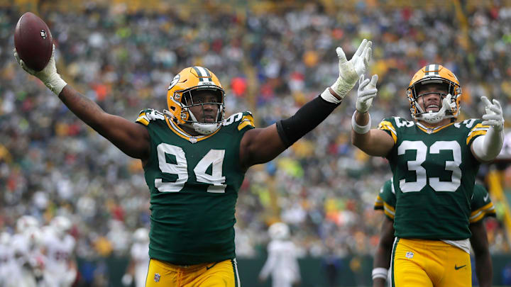 Green Bay Packers defensive end Karl Brooks (94), along with safety Evan Williams (33), celebrates after recovering a fumble against the Arizona Cardinals on Sunday, October 13, 2024 at Lambeau Field in Green Bay, Wis. The Packers defeated the Cardinals 34-13.
Wm. Glasheen USA TODAY NETWORK-Wisconsin