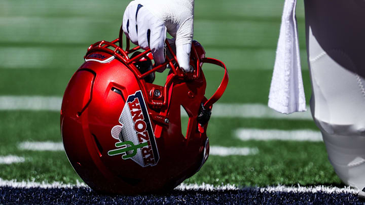 Oct 4, 2025; Tucson, Arizona, USA; The helmet of an Arizona Wildcats player is seen in the end zone before the ga,e against the Oklahoma State Cowboys at Arizona Stadium. Mandatory Credit: Aryanna Frank-Imagn Images Oct 4, 2025; Tucson, Arizona, USA; The helmet of an Arizona Wildcats player is seen in the end zone before the ga,e against the Oklahoma State Cowboys at Arizona Stadium. Mandatory Credit: Aryanna Frank-Imagn Images