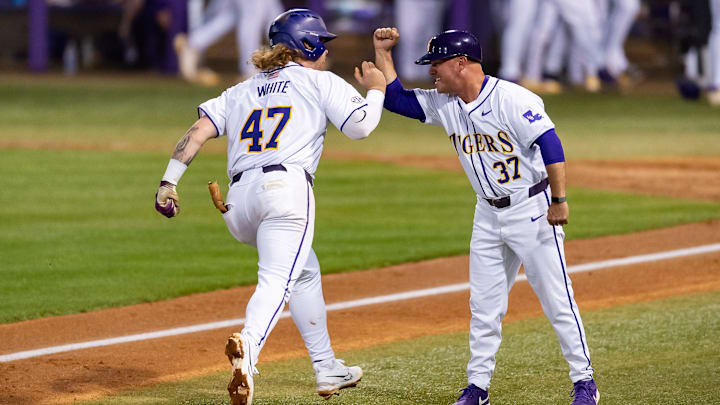 Tommy White 47 hits his second home run of the night as the LSU Tigers take on the Vanderbilt Commodores at Alex Box Stadium in Baton Rouge LA. Friday, April 5, 2024.