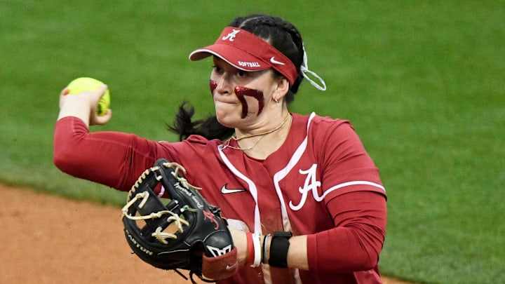 Mar 22, 2024; Tuscaloosa, Alabama, USA; Alabama infielder Kali Heivilin (22) throws to first to