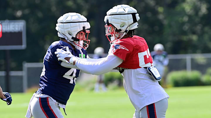 Aug 3, 2023; Foxborough, MA, USA; New England Patriots linebacker Calvin Munson (43) (blue) and