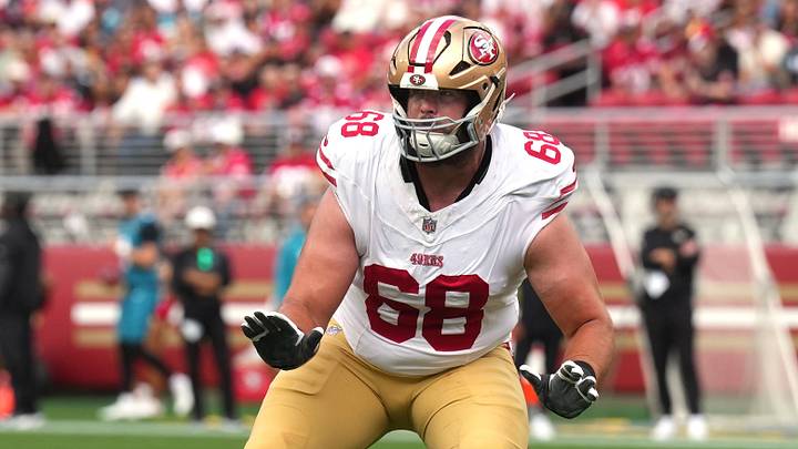 Sep 28, 2025; Santa Clara, California, USA; San Francisco 49ers offensive tackle Colton McKivitz (68) during the first quarter against the Jacksonville Jaguars at Levi's Stadium. Mandatory Credit: Darren Yamashita-Imagn Images Sep 28, 2025; Santa Clara, California, USA; San Francisco 49ers offensive tackle Colton McKivitz (68) during the first quarter against the Jacksonville Jaguars at Levi's Stadium. Mandatory Credit: Darren Yamashita-Imagn Images