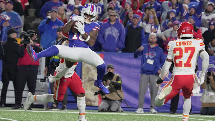 Bills receiver Elijah Moore catches a pass in the Week 9 win over the Chiefs. Bills receiver Elijah Moore catches a pass in the Week 9 win over the Chiefs.
