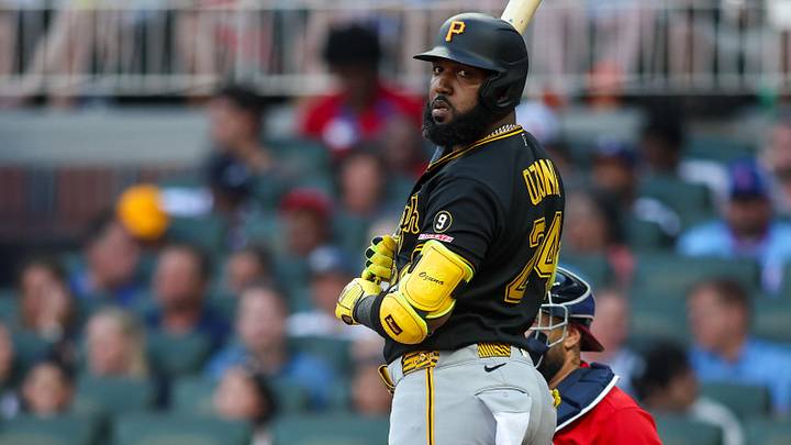 Jun 5, 2026; Atlanta, Georgia, USA; Pittsburgh Pirates designated hitter Marcell Ozuna (24) bats against the Atlanta Braves in the third inning at Truist Park. Mandatory Credit: Brett Davis-Imagn Images