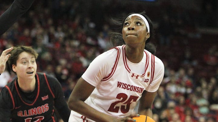 Wisconsin's Serah Williams (25) looks for her shot during a WNIT game at the Kohl Center in Madison, Wisconsin on Thursday March 28, 2024. Wisconsin's Serah Williams (25) looks for her shot during a WNIT game at the Kohl Center in Madison, Wisconsin on Thursday March 28, 2024.