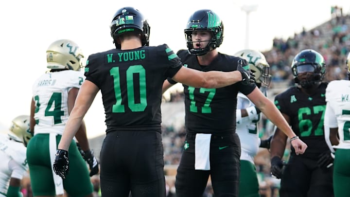 North Texas Mean Green quarterback Drew Mestemaker (17) celebrates a touchdown with wide receiver Wyatt Young (10)