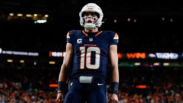 Dec 2, 2024; Denver, Colorado, USA; Denver Broncos quarterback Bo Nix (10) reacts after a play in the third quarter against the Cleveland Browns at Empower Field at Mile High. 