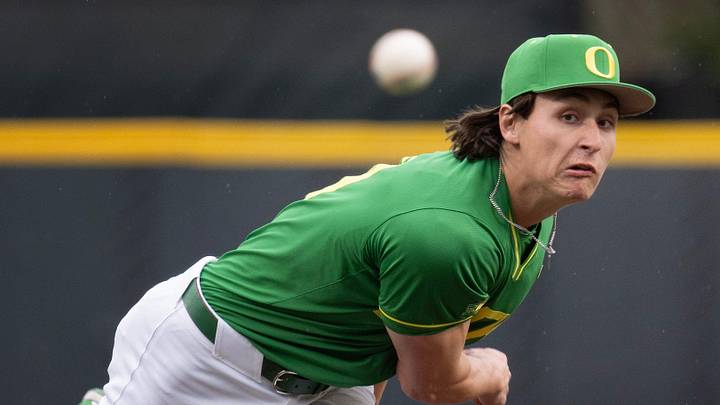 Oregon’s Will Sanford pitches against George Mason in the first inning Feb. 13, 2026 at PK Park in Eugene.