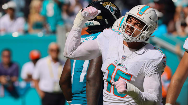 Miami Dolphins linebacker Jaelan Phillips (15) celebrates after sacking Jacksonville Jaguars quarterback Trevor Lawrence (not pictured) during the fourth quarter at Hard Rock Stadium. 