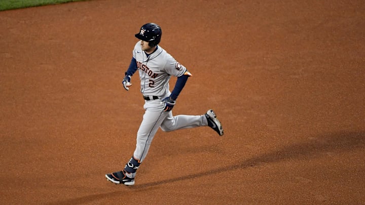 Oct 19, 2021; Boston, Massachusetts, USA; Houston Astros third baseman Alex Bregman (2) runs the bases after hitting a solo home run against the Boston Red Sox during the first inning of game four of the 2021 ALCS at Fenway Park. Mandatory Credit: Bob DeChiara-Imagn Images Oct 19, 2021; Boston, Massachusetts, USA; Houston Astros third baseman Alex Bregman (2) runs the bases after hitting a solo home run against the Boston Red Sox during the first inning of game four of the 2021 ALCS at Fenway Park. Mandatory Credit: Bob DeChiara-Imagn Images