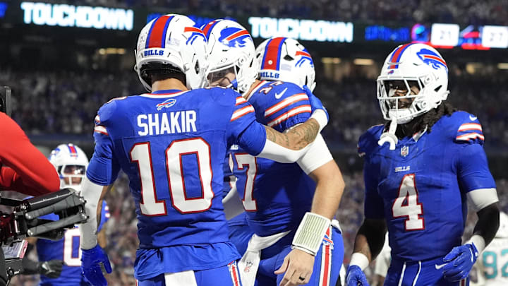 Buffalo Bills wide receiver Khalil Shakir (10) celebrates with quarterback Josh Allen (17) after scoring a touchdown against the Miami Dolphins in the fourth quarter.