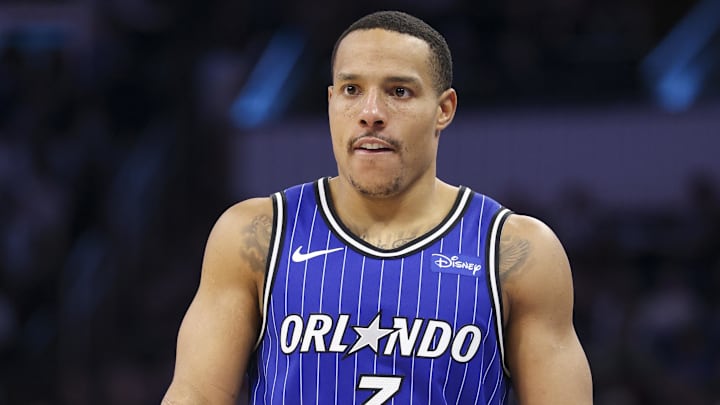 Jan 9, 2026; Orlando, Florida, USA; Orlando Magic guard Desmond Bane (3) looks on against the Philadelphia 76ers in the fourth quarter at Kia Center. Mandatory Credit: Nathan Ray Seebeck-Imagn Images