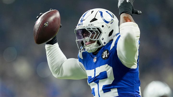 Indianapolis Colts defensive end Samson Ebukam (52) celebrates after recovering a fumble Sunday, Dec. 28, 2025, during a game against the Jacksonville Jaguars at Lucas Oil Stadium in Indianapolis.