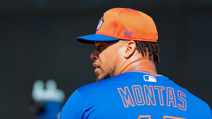 Feb 12, 2025; Port St. Lucie, FL, USA; New York Mets pitcher Frankie Montas (47) pitches during a Spring Training workout at Clover Park. Mandatory Credit: Sam Navarro-Imagn Images