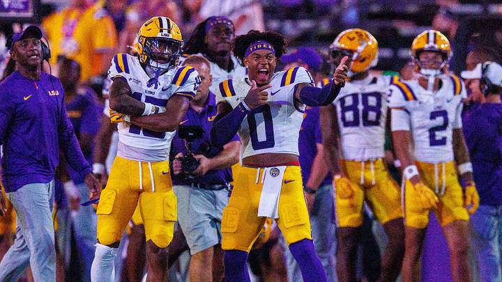 Sep 5, 2026; Baton Rouge, Louisiana, USA; LSU Tigers wide receiver Phillip Wright III (15) and safety Tamarcus Cooley (0) react to a touchdown against Clemson Tigers during the second half at Tiger Stadium. Mandatory Credit: Stephen Lew-Imagn Images Sep 5, 2026; Baton Rouge, Louisiana, USA; LSU Tigers wide receiver Phillip Wright III (15) and safety Tamarcus Cooley (0) react to a touchdown against Clemson Tigers during the second half at Tiger Stadium. Mandatory Credit: Stephen Lew-Imagn Images