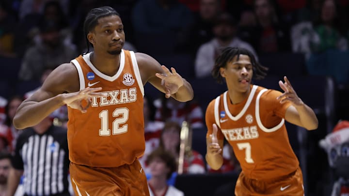 Mar 17, 2026; Dayton, OH, USA; Texas Longhorns guard Tramon Mark (12) celebrates in the first half against the NC State Wolfpack during the First Four of the men's 2026 NCAA Tournament.