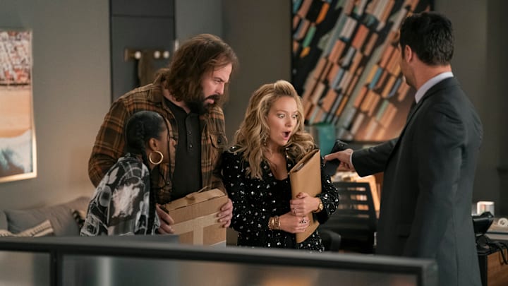 The Lincoln Lawyer. (L to R) Jazz Raycole as Izzy Letts, Angus Sampson as Denis "Cisco" Wojciechowski, Becki Newton as Lorna Crane, Manuel Garcia-Rulfo as Mickey Haller in episode 310 of The Lincoln Lawyer. 