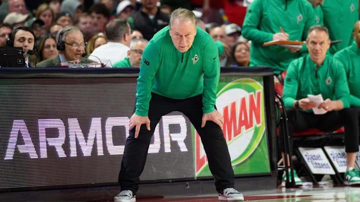 Feb 26, 2025; College Park, Maryland, USA; Michigan State Spartans head coach Tom Izzo looks on during the second half against the Maryland Terrapins at Xfinity Center. Mandatory Credit: Reggie Hildred-Imagn Images