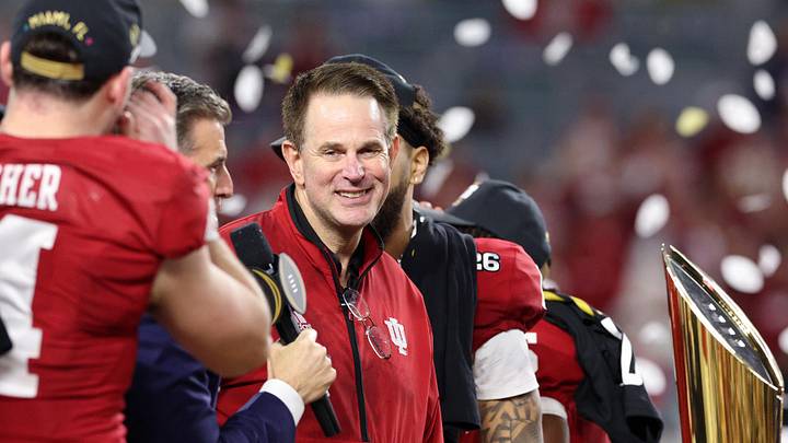 Jan 19, 2026; Miami Gardens, FL, USA; Indiana Hoosiers head coach Curt Cignetti reacts after the College Football Playoff National Championship game at Hard Rock Stadium. Mandatory Credit: Nathan Ray Seebeck-Imagn Images