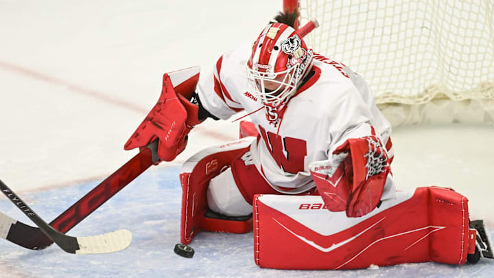 Wisconsin goaltender Rhyah Stewart (1) covers the puck in a game against Ohio State Sunday, February 8, 2026, at LaBahn Arena in Madison, Wisconsin.