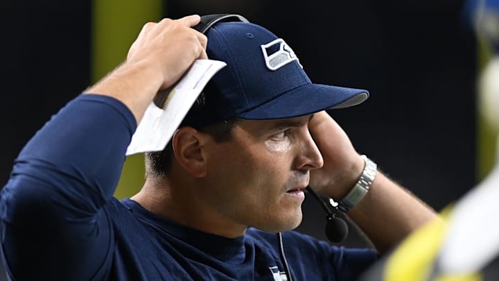 Sep 30, 2024; Detroit, Michigan, USA; Seattle Seahawks head coach Mike MacDonald on the sidelines during their game against the Detroit Lions in the fourth quarter at Ford Field. Mandatory Credit: Lon Horwedel-Imagn Images