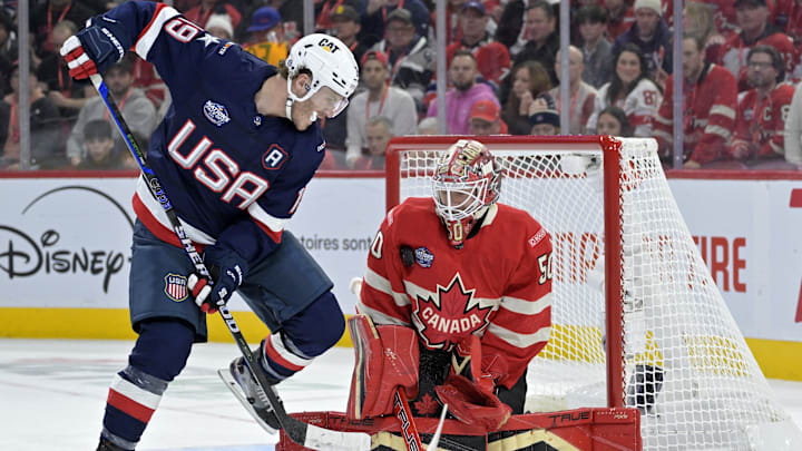 Feb 15, 2025; Montreal, Quebec, CAN; [Imagn Images direct customers only] Team Canada goalie Jordan Binnington (50) stops Team United States forward Matthew Tkachuk (19) in the first period during a 4 Nations Face-Off ice hockey game at the Bell Centre. Mandatory Credit: Eric Bolte-Imagn Images