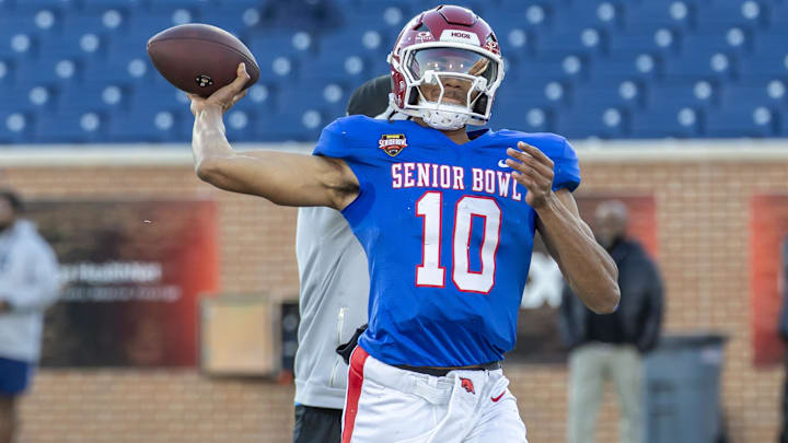 American Team quarterback Taylen Green (10) of Arkansas throws during American Senior Bowl practice at Hancock Whitney Stadium. Mandatory Credit: Vasha Hunt-Imagn Images