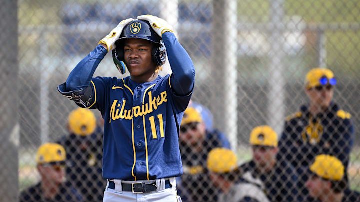 Milwaukee Brewers shortstop prospect Jesus Made prepares to hit during spring training workouts Monday, February 17, 2025, at American Family Fields of Phoenix in Phoenix, Arizona.