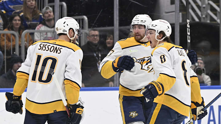 Feb 17, 2024; St. Louis, Missouri, USA; Nashville Predators center Colton Sissons (10) is