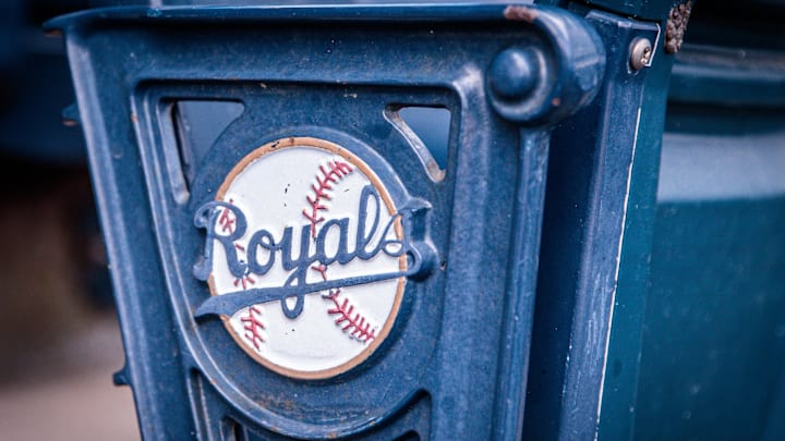 Apr 16, 2023; Kansas City, Missouri, USA; Logo on stadium seats prior to the game between the Kansas City Royals and the Atlanta Braves at Kauffman Stadium. Mandatory Credit: William Purnell-Imagn Images