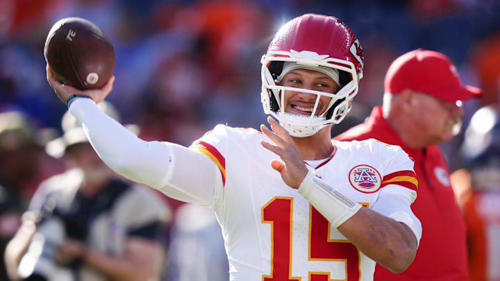 Nov 16, 2025; Denver, Colorado, USA; Kansas City Chiefs quarterback Patrick Mahomes (15) before the game against the Denver Broncos at Empower Field at Mile High. Mandatory Credit: Ron Chenoy-Imagn Images Nov 16, 2025; Denver, Colorado, USA; Kansas City Chiefs quarterback Patrick Mahomes (15) before the game against the Denver Broncos at Empower Field at Mile High. Mandatory Credit: Ron Chenoy-Imagn Images