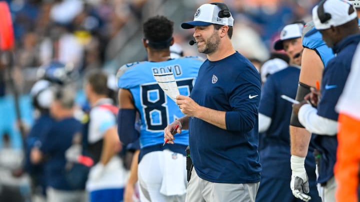 Aug 10, 2024; Nashville, Tennessee, USA;  Tennessee Titans head coach Brian Callahan calls the play during the first half at Nissan Stadium.
