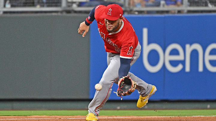 Sep 2, 2025; Kansas City, Missouri, USA; Los Angeles Angels third baseman Yoan Moncada (5) fields the ball in the seventh inning against the Kansas City Royals at Kauffman Stadium. Mandatory Credit: Peter Aiken-Imagn Images Sep 2, 2025; Kansas City, Missouri, USA; Los Angeles Angels third baseman Yoan Moncada (5) fields the ball in the seventh inning against the Kansas City Royals at Kauffman Stadium. Mandatory Credit: Peter Aiken-Imagn Images