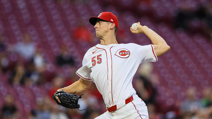 Sep 17, 2024; Cincinnati, Ohio, USA; Cincinnati Reds starting pitcher Brandon Williamson (55) pitches against the Atlanta Braves in the first inning at Great American Ball Park. Mandatory Credit: Katie Stratman-Imagn Images Sep 17, 2024; Cincinnati, Ohio, USA; Cincinnati Reds starting pitcher Brandon Williamson (55) pitches against the Atlanta Braves in the first inning at Great American Ball Park. Mandatory Credit: Katie Stratman-Imagn Images