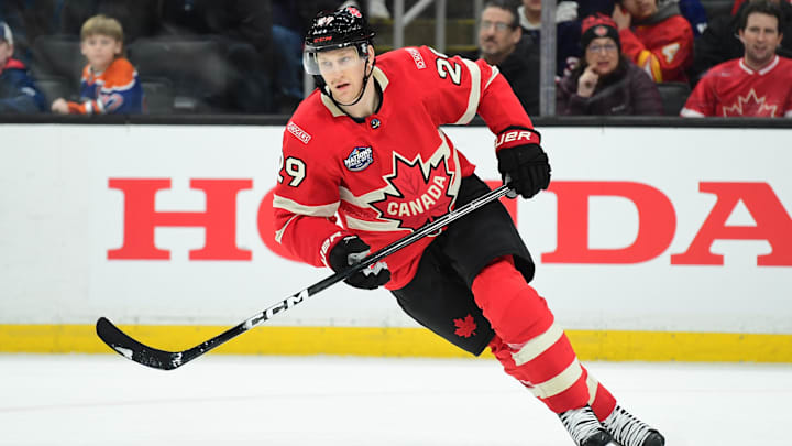 Feb 17, 2025; Boston, MA, USA; [Imagn Images direct customers only]  Team Canada forward Nathan MacKinnon (29) skates in the third period during a 4 Nations Face-Off ice hockey game against Team Finland at TD Garden. Mandatory Credit: Bob DeChiara-Imagn Images