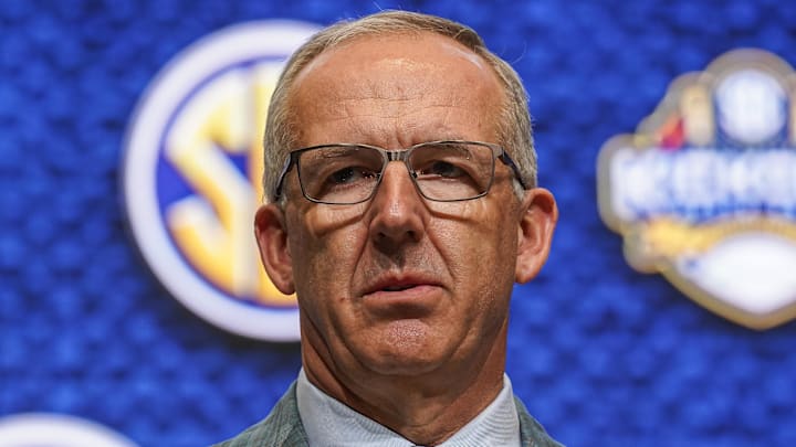 SEC commissioner Greg Sankey on the stage during SEC Media Days at the College Football Hall of Fame.