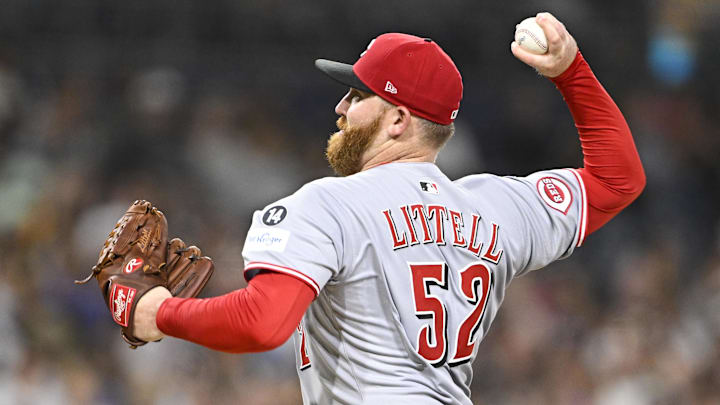 Sep 9, 2025; San Diego, California, USA; Cincinnati Reds starting pitcher Zack Littell (52) delivers during the fifth inning against the San Diego Padres at Petco Park. Mandatory Credit: Denis Poroy-Imagn Images Sep 9, 2025; San Diego, California, USA; Cincinnati Reds starting pitcher Zack Littell (52) delivers during the fifth inning against the San Diego Padres at Petco Park. Mandatory Credit: Denis Poroy-Imagn Images