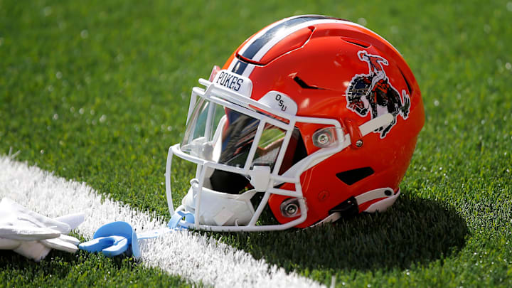 An Oklahoma State helmet is seen before a college football game between the Oklahoma State Cowboys (OSU) and the University of Texas Longhorns at Boone Pickens Stadium in Stillwater, Okla., Saturday, Oct. 22, 2022.

Osu Vs Texas Football