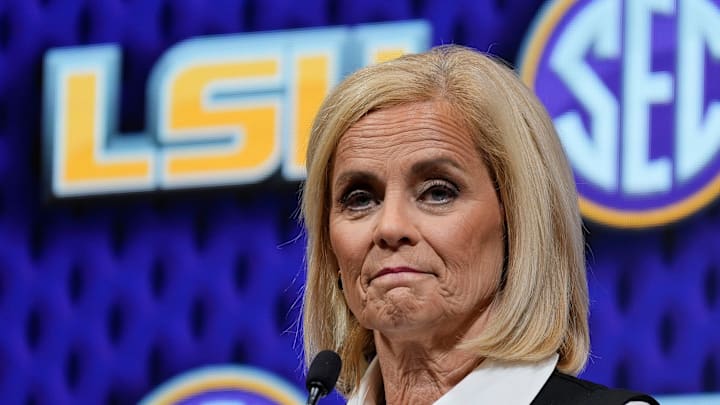 LSU head coach Kim Mulkey speaks during SEC Media Day at the Grand Bohemian Hotel in Mountain Brook Tuesday, Oct. 16, 2024.