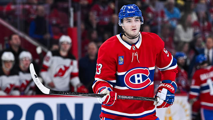 Apr 5, 2026; Montreal, Quebec, CAN; Montreal Canadiens defenseman Noah Dobson (53) looks on against the New Jersey Devils during the first period at Bell Centre. Mandatory Credit: David Kirouac-Imagn Images