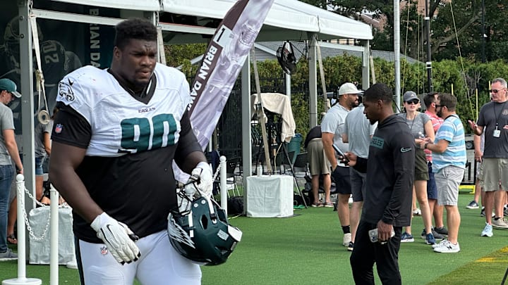 Eagles defensive tackle Jordan Davis takes the practice field during training camp. Eagles defensive tackle Jordan Davis takes the practice field during training camp.