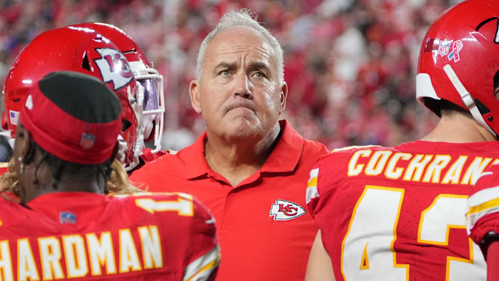Sep 5, 2024; Kansas City, Missouri, USA; Kansas City Chiefs assistant head coach Dave Toub in the huddle against the Baltimore Ravens during the game at GEHA Field at Arrowhead Stadium. Mandatory Credit: Denny Medley-Imagn Images