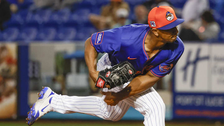 Mar 10, 2025; Port St. Lucie, Florida, USA;  New York Mets pitcher Anthony Gose (99) throws a pitch during the sixth inning against the St. Louis Cardinals at Clover Park. Mandatory Credit: Reinhold Matay-Imagn Images