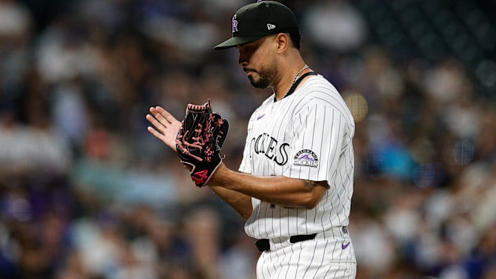 Aug 19, 2025; Denver, Colorado, USA; Colorado Rockies relief pitcher Anthony Molina (43) reacts at the end of the fifth inning against the Los Angeles Dodgers at Coors Field.