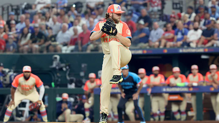Jul 16, 2024; Arlington, Texas, USA; American League pitcher Corbin Burnes of the Baltimore Orioles (39) pitches in the first inning during the 2024 MLB All-Star game at Globe Life Field. Mandatory Credit: Kevin Jairaj-Imagn Images
