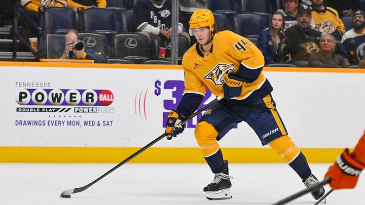 Oct 21, 2025; Nashville, Tennessee, USA; Nashville Predators center Brady Martin (44) skates with the puck against the Anaheim Ducks during the third period at Bridgestone Arena. Mandatory Credit: Steve Roberts-Imagn Images Oct 21, 2025; Nashville, Tennessee, USA; Nashville Predators center Brady Martin (44) skates with the puck against the Anaheim Ducks during the third period at Bridgestone Arena. Mandatory Credit: Steve Roberts-Imagn Images