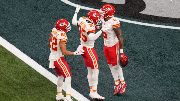 Feb 9, 2025; New Orleans, LA, USA; Kansas City Chiefs safety Bryan Cook (6) reacts with cornerback Jaylen Watson (35) and cornerback Trent McDuffie (22) after an interception during the second quarter in Super Bowl LIX against the Philadelphia Eagles at Caesars Superdome. Mandatory Credit: Kirby Lee-Imagn Images Feb 9, 2025; New Orleans, LA, USA; Kansas City Chiefs safety Bryan Cook (6) reacts with cornerback Jaylen Watson (35) and cornerback Trent McDuffie (22) after an interception during the second quarter in Super Bowl LIX against the Philadelphia Eagles at Caesars Superdome. Mandatory Credit: Kirby Lee-Imagn Images