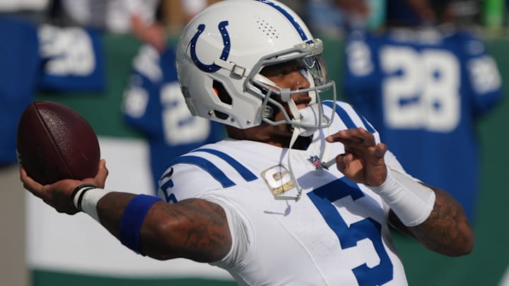 Nov 17, 2024; East Rutherford, New Jersey, USA; Indianapolis Colts quarterback Anthony Richardson (5) warms up before the game against the New York Jets at MetLife Stadium. Mandatory Credit: Robert Deutsch-Imagn Images