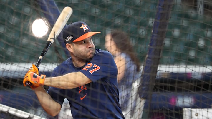 Oct 1, 2024; Houston, Texas, USA; Houston Astros second baseman Jose Altuve (27) takes batting practice before playing against the Detroit Tigers in game one of the Wild Card round for the 2024 MLB Playoffs at Minute Maid Park.