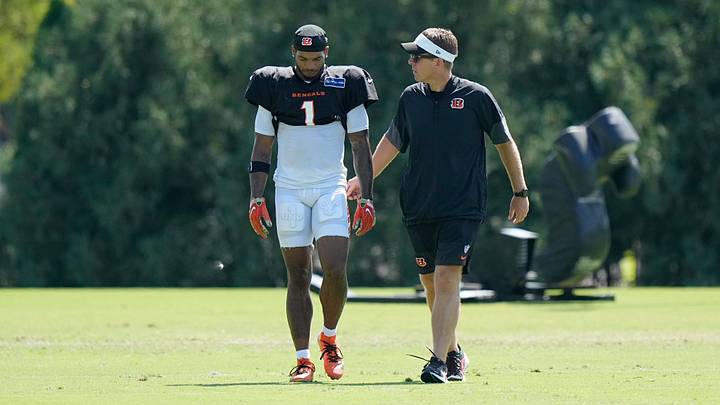 Cincinnati Bengals wide receiver Ja'Marr Chase goes down with an apparent injury at practice on Tuesday, Aug. 25. Cincinnati Bengals wide receiver Ja'Marr Chase goes down with an apparent injury at practice on Tuesday, Aug. 25.